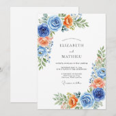 Invitation Mariage Romantique Botanique Corail Bleu (Devant / Derrière)