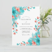 Invitation Mariage Romantique Botanique Corail Sarcelle (Debout devant)