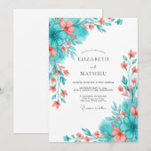 Invitation Mariage Romantique Botanique Corail Sarcelle (Devant / Derrière)