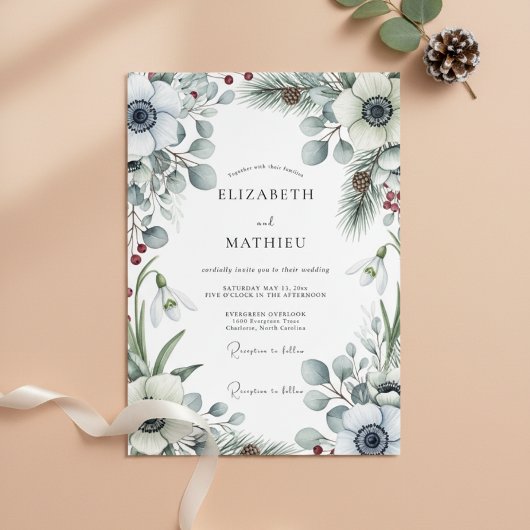 Invitation Mariage Romantique Botanique d'Hiver Blanc