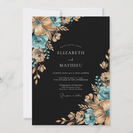 Invitation Mariage Romantique Botanique Doré Sarcelle (Devant)