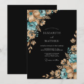 Invitation Mariage Romantique Botanique Doré Sarcelle (Devant / Derrière)