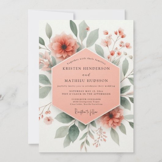 Invitation Mariage Romantique Botanique Fleur de Corail (Devant)