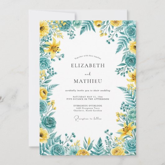 Invitation Mariage Romantique Botanique Jaune Sarcelle (Devant)