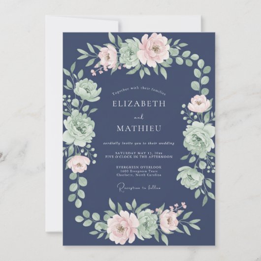 Invitation Mariage Romantique Botanique Navy Blush (Devant)