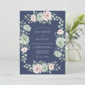 Invitation Mariage Romantique Botanique Navy Blush (Debout devant)