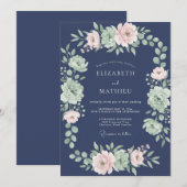 Invitation Mariage Romantique Botanique Navy Blush (Devant / Derrière)