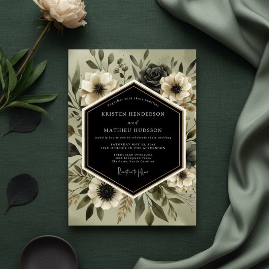 Invitation Mariage Romantique Botanique Olive Profond