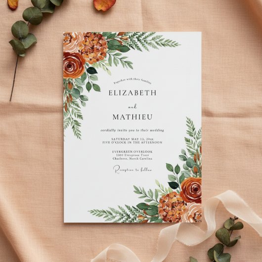 Invitation Mariage Romantique Botanique Orange Brûlé