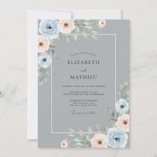 Invitation Mariage romantique botanique pêche bleue (Devant)