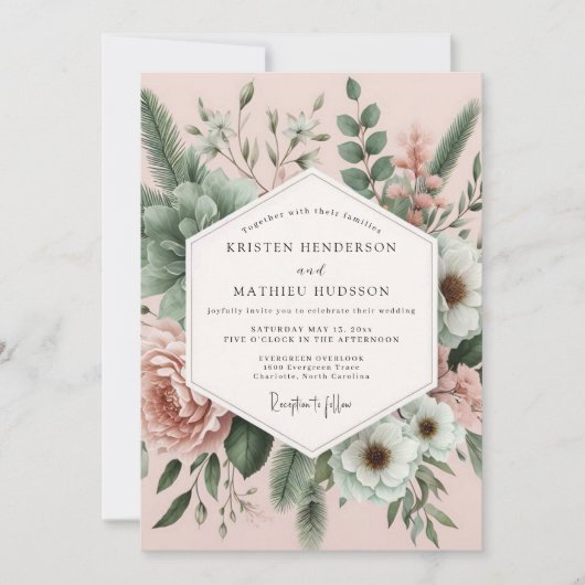 Invitation Mariage Romantique Botanique Rosé (Devant)