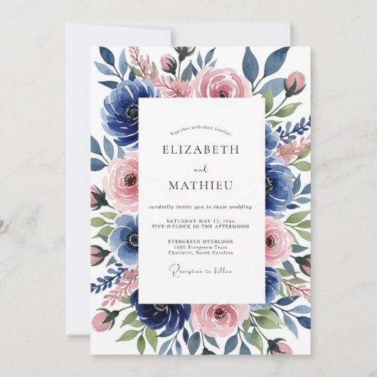 Invitation Mariage Romantique Botanique Rose Bleu (Devant)
