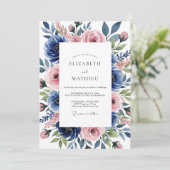 Invitation Mariage Romantique Botanique Rose Bleu (Debout devant)