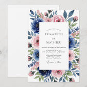 Invitation Mariage Romantique Botanique Rose Bleu (Devant / Derrière)