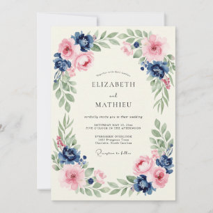 Invitation Mariage romantique botanique rose et marine