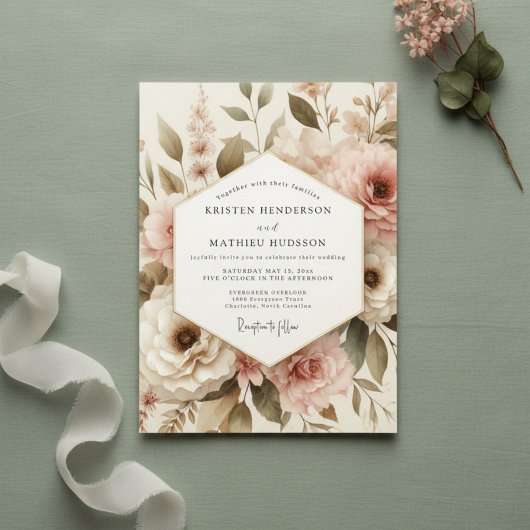 Invitation Mariage Romantique Botanique Rose Pâle