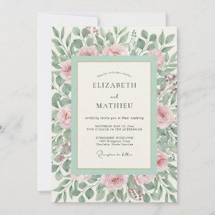 Invitation Mariage romantique botanique rose vert