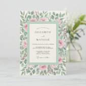 Invitation Mariage romantique botanique rose vert (Debout devant)