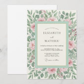 Invitation Mariage romantique botanique rose vert (Devant / Derrière)