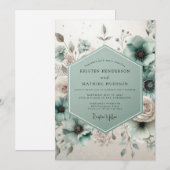 Invitation Mariage Romantique Botanique Sarcelle (Devant / Derrière)