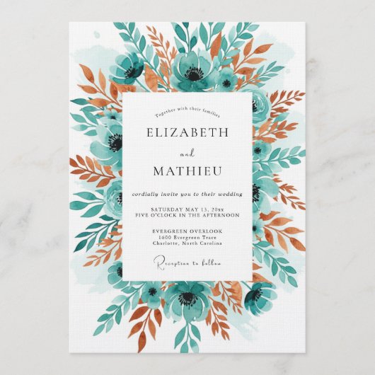 Invitation Mariage Romantique Botanique Sarcelle (Devant)