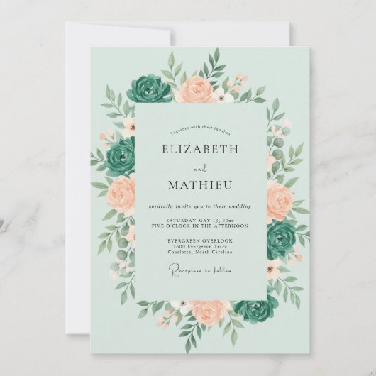 Invitation Mariage romantique botanique sarcelle menthe (Devant)