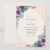Invitation Mariage Romantique Botanique Teal Pourpre (Devant / Derrière)