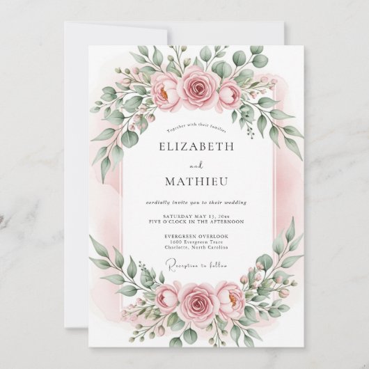 Invitation Mariage Romantique Botanique Teint Rose (Devant)
