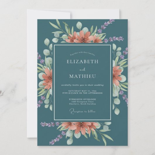 Invitation Mariage Romantique Botanique Vert Corail (Devant)
