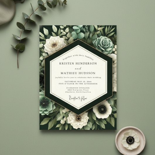 Invitation Mariage Romantique Botanique Vert Profond