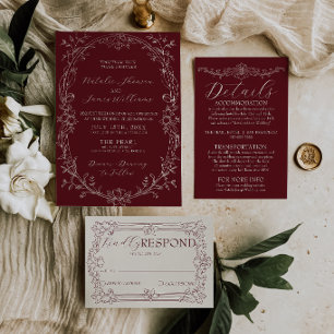 Invitation Mariage Romantique Bourgeois Floral Burgundy Argen