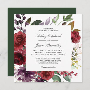 Invitation Mariage romantique bourguignon rouge et violet