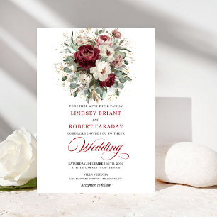 Invitation Mariage romantique burgundy blanc floral eucalyptu