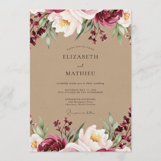 Invitation Mariage Romantique Burgundy Bloom (Devant)