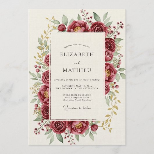 Invitation Mariage Romantique Burgundy Bloom (Devant)