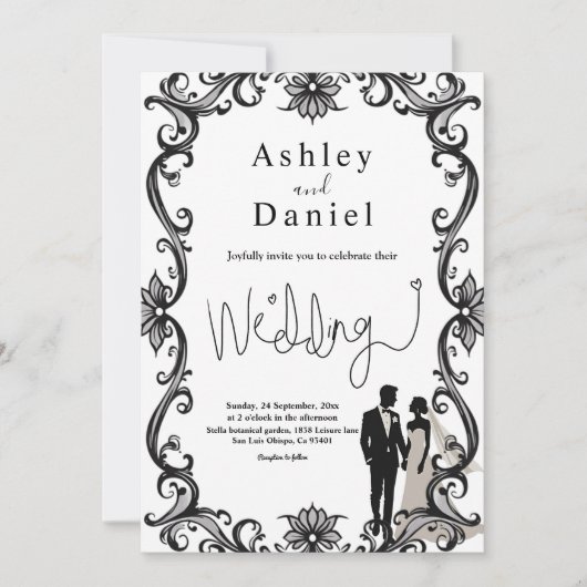 Invitation Mariage Romantique Couple Noir Et Blanc Élégant (Devant)