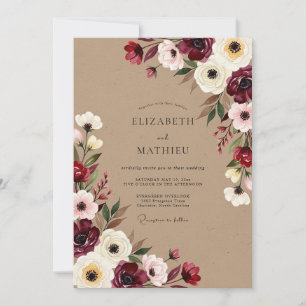 Invitation Mariage Romantique d'Automne Floral Bourgogne