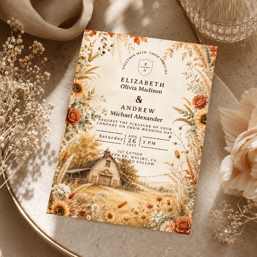 Invitation Mariage Romantique de Barn d'Automne
