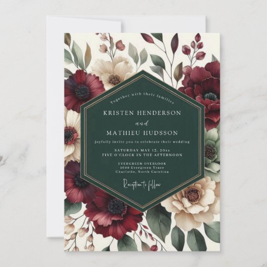 Invitation Mariage romantique de fleurs bordeaux (Devant)