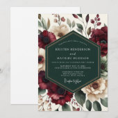Invitation Mariage romantique de fleurs bordeaux (Devant / Derrière)