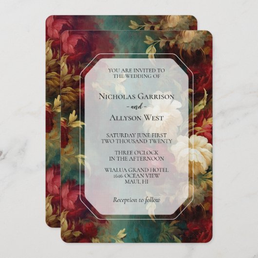 Invitation Mariage romantique de fleurs rouges blanches (Devant / Derrière)