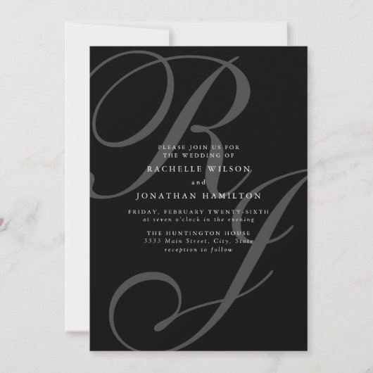 Invitation Mariage romantique de Monogramme noir et blanc (Devant)