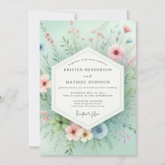 Invitation Mariage Romantique de Prairie Florale à la Menthe (Devant)
