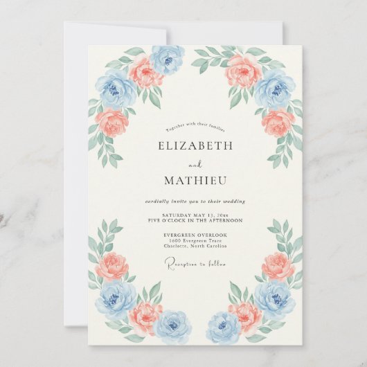Invitation Mariage Romantique de Printemps Bleu Clair et Pêch (Devant)