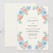 Invitation Mariage Romantique de Printemps Bleu Clair et Pêch (Devant / Derrière)