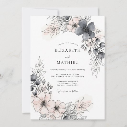 Invitation Mariage Romantique de Printemps Gris Charbon (Devant)