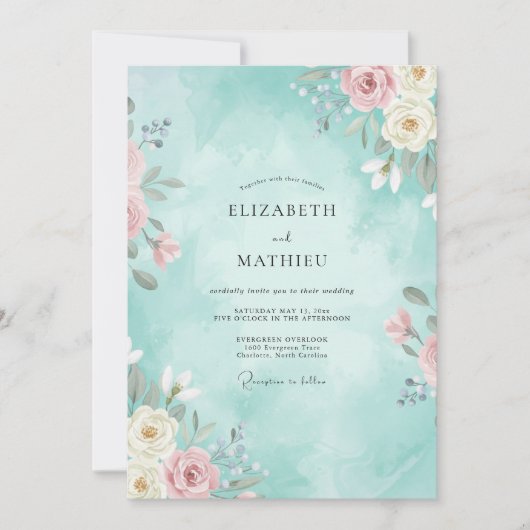 Invitation Mariage Romantique de Printemps Sarcelle (Devant)