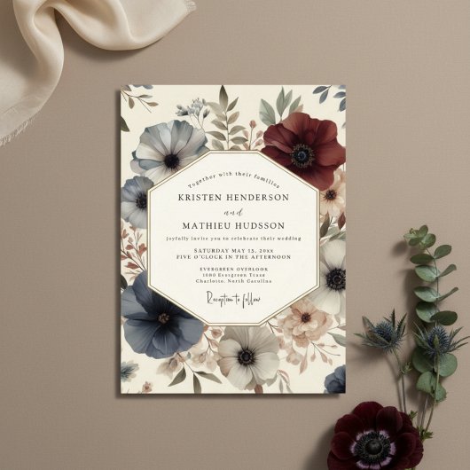 Invitation Mariage Romantique Deep Blue Bloom