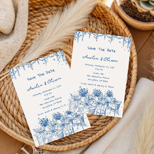 Invitation Mariage romantique d'été bleu français dessiné à l
