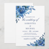 Invitation mariage romantique d'hiver floral bleu marine (Devant / Derrière)